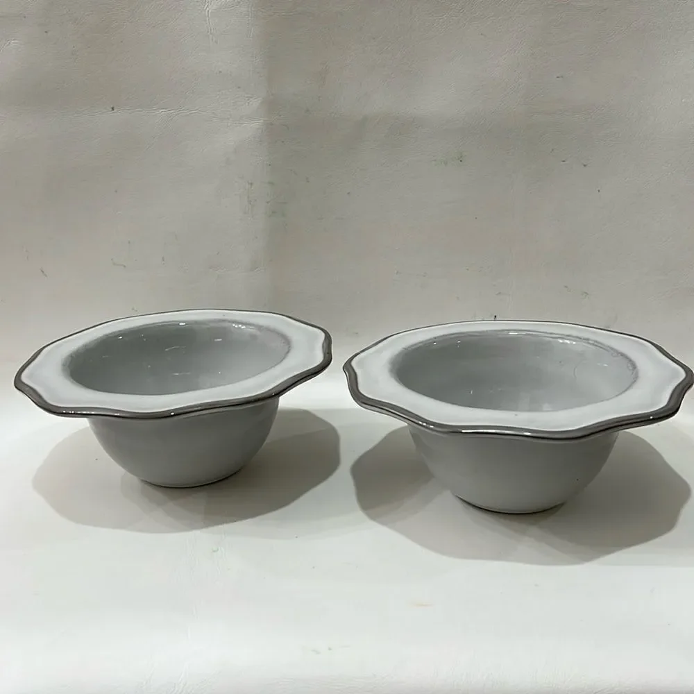 2 Crate and Barrel Lira White & Grey Porcelain scalloped soup cereal 2 Cup bowls